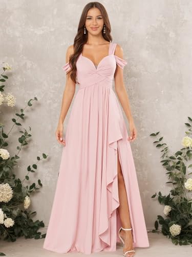 Chiffon Off Shoulder Bridesmaid Dress for Women Long A-Line Sweetheart Empire Waist Dresses for Women 2025 with Slit4