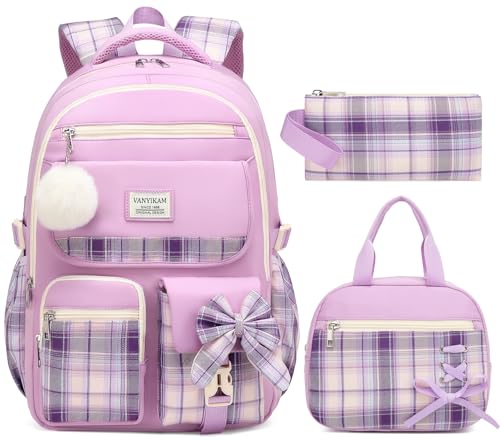Image of Backpack for School Girls, 3Pcs Kids Cute Bookbag with Lunch Box Pencil Pouch, Student Pack Fits 15.6 Inch Laptop for Teens bag for Kindergarten Elementary Preschool Middle School, Purple Tartan