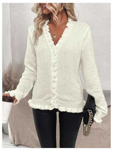 Image of Verdusa Women's Ruffle Trim V Neck Button Down Long Sleeve Knit Cardigan Sweater