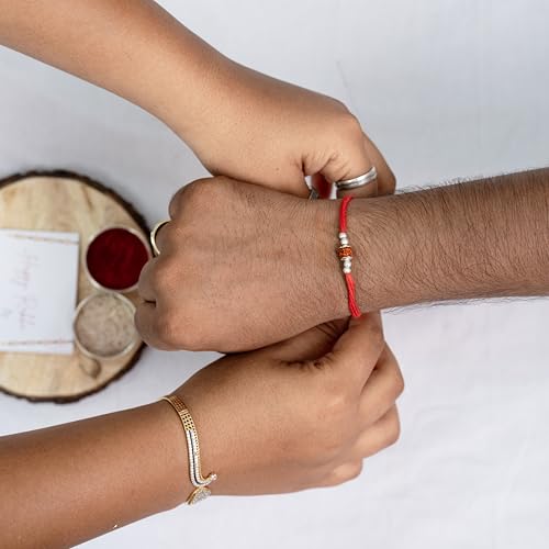 Image of Prabhuji Jewellers 925 Sterling Silver Rudraksha Rakhi | Silver Rakhi for Brother with Floral Caps & Beads | Raksha Bandhan Gift Pack with Roli Chawal & Blessings Card