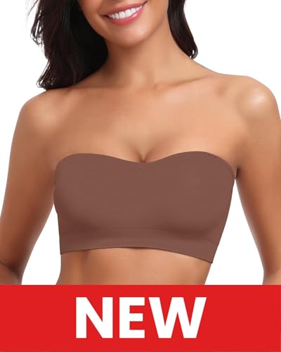 Image of LEYSHE Strapless Bra for Women Padded Bandeau Bra Seamless Tube Top Bralette Non-Slip Wireless Seamless Tshirt Bras Brown S