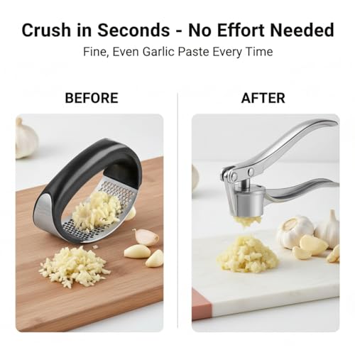 Image of Garlic Press & Ginger Crusher Combo, Stainless Steel Garlic Mincer & Ginger Masher, Heavy Duty Manual Squeezer, No Peeling Required, Easy Press Kitchen Tool - (Garlic Curved + Silver)