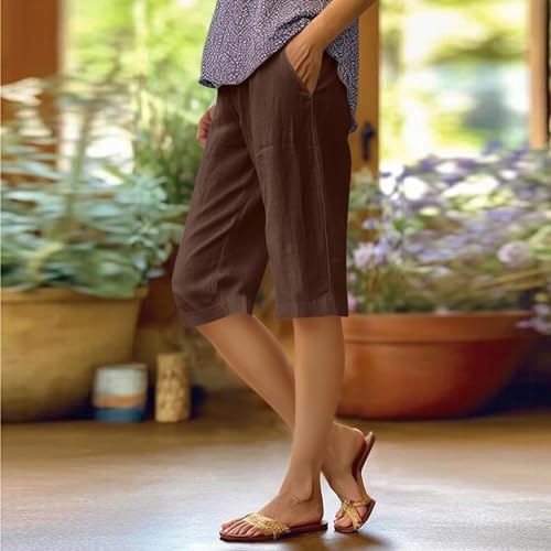 Knee Length Pedal Pushers for Women Lightweight Elastic High Waisted Summer Capri Pants Bermuda Shorts with Pockets2