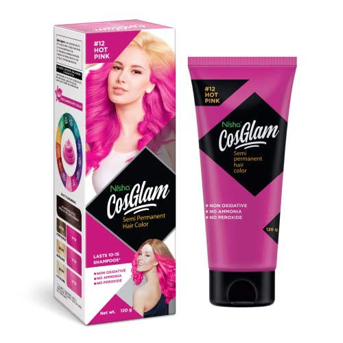 Nisha Cosglam Vegan And Cruelty Free Semi Permanent Hair Color, Dark Pink Hair Dye With Infused Conditioner | No Ammonia, No Peroxide, Non Oxidative Hair Colour - 120g / 4.06 Fl Oz (#12 Hot Pink)