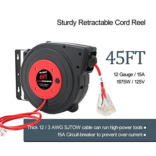 Ultra Explorer Retractable Extension Cord Reel, 45 Ft Heavy Duty Power Cord, 12 Awg/3C Sjtow, 15 Amp Circuit Breaker, Lighted Triple Tap, Ceiling Or Wall Mount, Ul Listed #TOP1