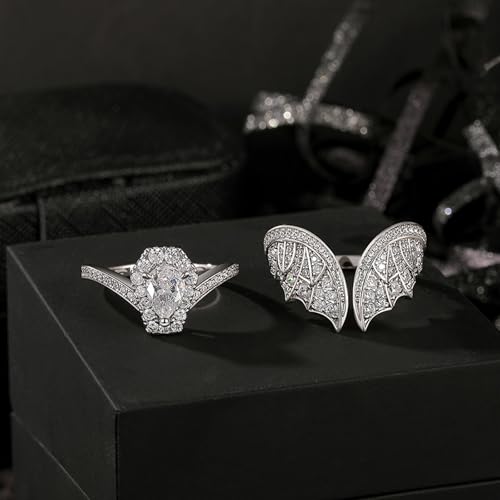 Image of Jeulia Unique Gothic Design 925 Sterling Silver Pear Cut Bat Coffin Promise Engagement Wedding Ring Set with Diamond Wings Bridal Jewelry Gift Box