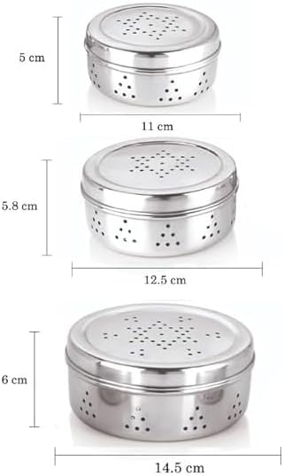 Stainless Steel Dhaniya Dabba with Holes Air Ventilation Fridge Storage Box for Coriander, Mint, Green Chilli, Green Onion Sprouts Maker Box | Kitchen Organizer Container | Puri Dabba (Set of 3)