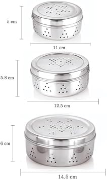 Stainless Steel Dhaniya Dabba with Holes Air Ventilation Fridge Storage Box for Coriander, Mint, Green Chilli, Green Onion Sprouts Maker Box | Kitchen Organizer Container | Puri Dabba (Set of 3)