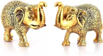 Image of Kalakriti Metal Elephant Statue Small Size Gold Polish 2 pcs Set Enhance Your Home | Car | Office | Table | Article | Animal Decorative Showpiece Figurines for Best Gifting (15X9X4 CM), Golden