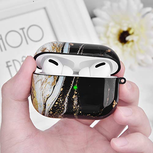 Qingqing Airpods Pro Case, Cute Marble Airpod Pro Protective Hard Case Cover Shockproof Women Girls Men With Keychain For Apple Airpods Pro Charging Case (Black Gold Wave) #TOP1