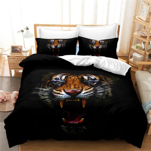 Tomifine Housse de Couette Tigre Animal 3 Pièces Parure de Lit Microfibre Doux Respirant Tigre Animal de la forêt 2 Taies d'oreiller 65x65cm (220x240 cm,Noir)