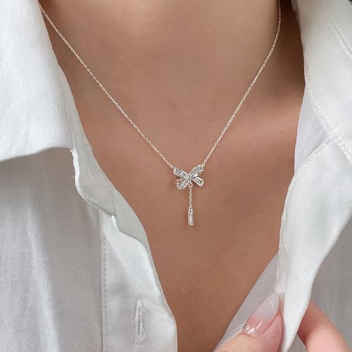 SLUYNZ Solid 925 Sterling Silver Bow Y Necklace for Women Teens CZ Bowknot Necklace Pendant2