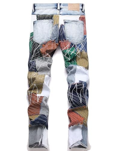 Men Patchwork Release Hem Slim Straight Denim Jeans2