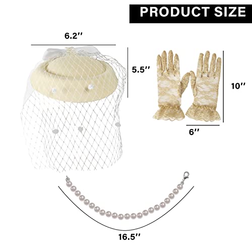Cenbee Women's Fascinators Veil And Retro Charming Mesh Hat With Lace Gloves Imitation Pearl Necklace,Suitable For 1920S Or 1950S Vintage Tea Party Cocktail Hall Wedding Church Derby Hat Set. Beige #TOP5