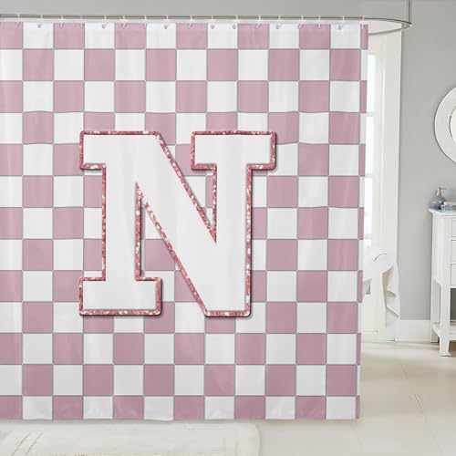 Image of Erosebridal Pink Initial N Bathroom Accessories Kawaii Plaid Checkered Shower Curtain Cute Personalized Monogram Bathroom Curtain for Kids Girls 72 inch Wx72 L Fashion Grids Gingham Shower Decor