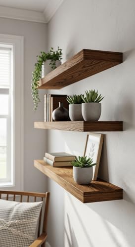 Image of Solid Wood Floating Wall Shelves Set of | Rustic Wooden Display Shelves for Living Room, Bedroom, Kitchen & Bathroom | Heavy Duty Wall Mounted Shelves (20 inches, 3 Shelves)