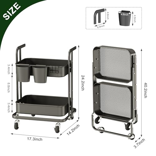 Image of DTK 2 Tier Foldable Rolling Cart, Metal Utility Cart with Lockable Wheels, Folding Storage Trolley for Living Room, Kitchen, Bathroom, Bedroom and Office, Black