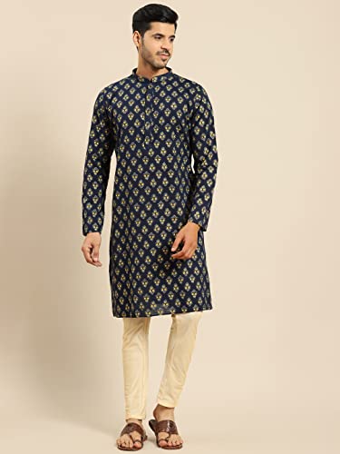 Image of Men's Navy Blue Cotton Festive Wear Regular Fit Woven Design Kurta | Indian Wedding Wear Kurta | Festive Ethnic Kurta