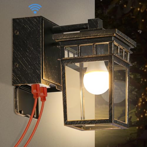 Image of Outdoor Wall Lantern, Dusk to Dawn Porch Light with GFCI Outlet & LED Bulb | Waterproof Wall Sconce with Clear Glass Shade, Outside Exterior Lights for House Garage Front Door, Black with Brushed Gold