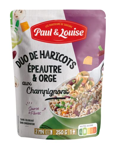 Paul & Louise - Paul & Louise Duo de haricots, épeautre & orge aux champignons 250g - Prêt en 2 minutes - recette végétarienne - Source de fibre