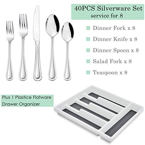 image for 40-Piece Silverware Set with Drawer Organizer, HaWare Stainless Steel 