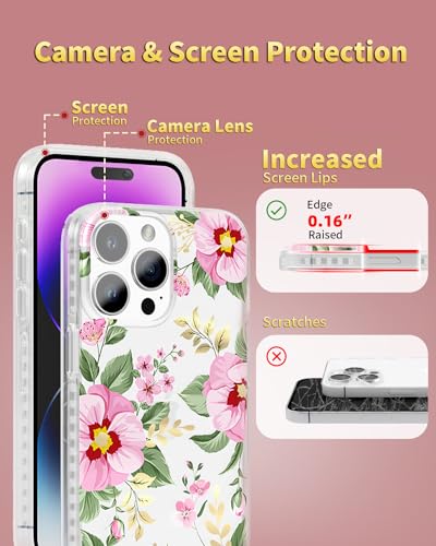 Coque iPhone 15 Pro antichoc à fleurs avec bordures dorées