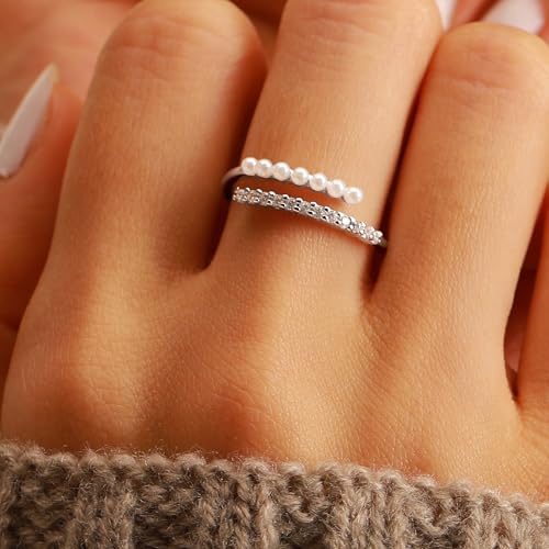 Pearl Rings for Women Dainty 925 Sterling Silver 14K Gold Plated Pearl Stackable CZ Open Wrap Rings Fashion Statement Wedding Band Ring Christmas Birthday Summer Ocean Jewelry Gift for Her2