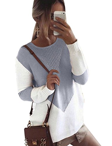 shermie womens Long Sleeve Crew Neck Pullovers Stitching Color Loose Knitted Sweaters Large Gray