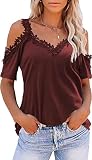 KKG Womens Sexy Cold Shoulder Tops, Casual Off Shoulder Short Sleeve Open Shoulder Shirts Country Concert Wine Red