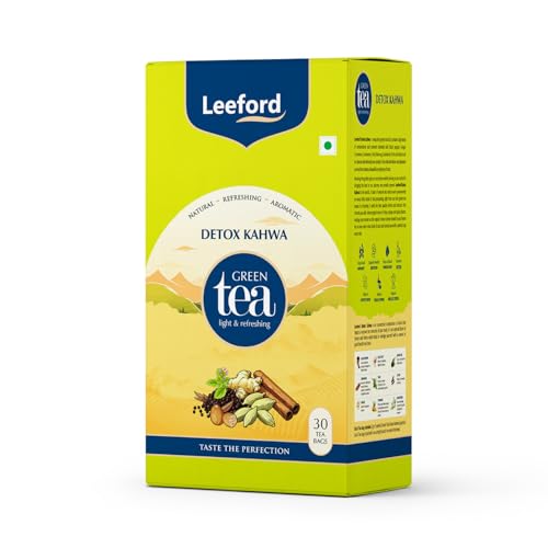 Image of Leeford Detox Kahwa Green Tea- 30 Tea Bags | Helps to Improve Digestion & Detoxification | Enriched with the blends of Ginger, Black Salt, Turmeric, Clove & Tulsi | Green Tea for Weight Loss