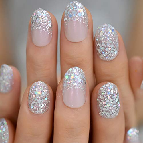 Echiq Holographic Silver Glitter Press On Nails Short Style Daily Wear Nude Pink Lady False Nails Oval Shape Nail Art Tips #TOP3