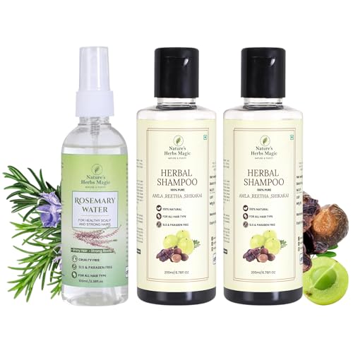 Image of Nature's Herbs Herbal Shampoo & Rosemary Water Combo | Amla Reetha Shikakai Hair Fall Control Shampoo with Rosemary Hair Spray for Hair Growth Scalp Care | Herbal Hair Strengthening Trio | Men Women | 2 x 200 ml + 100 ml