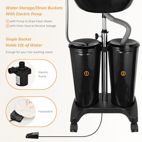 Xtsuen Mobiles Waschbecken Friseur Höhenverstellbar Haarwaschbecken mit elektrischer Pumpe mit 2-Eimer und Abflussschläuche, Tragbares Salonbecken Tiefes Shampoo für Zuhause Salon Friseursalon