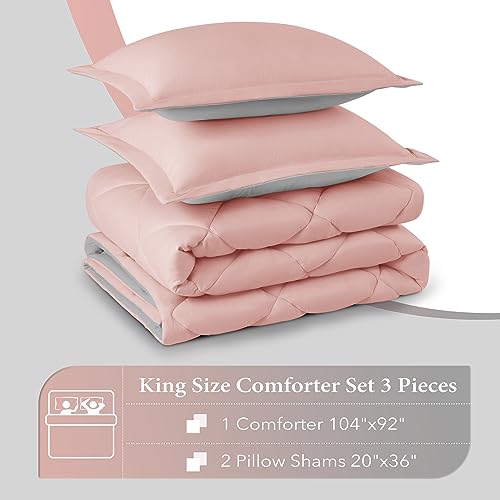 Image of downluxe King Size Comforter Set - Pink and Grey King Comforter, Soft Bedding Sets for All Seasons -3 Pieces - 1 Comforter (104 inchx92 inch) and 2 Pillow Shams(20 inchx36 inch)