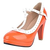  CuteFlats Damen Süß T-Strap Bogen Pumps mit Blockabsatz (Orange, 36 EU)