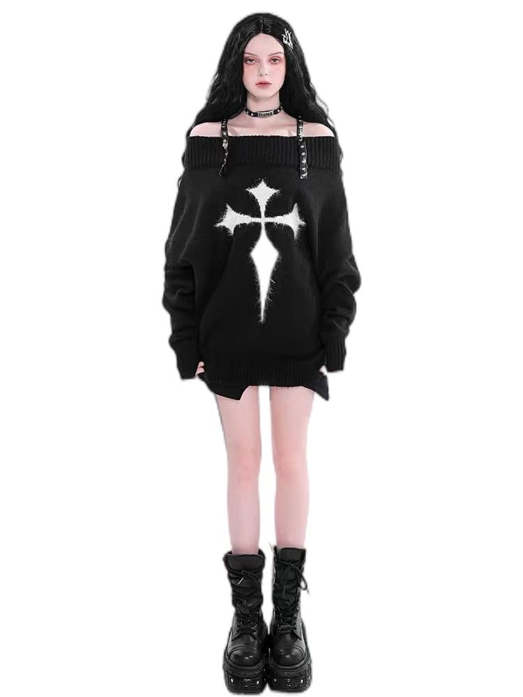 Grunge Sweater Stripes – Hip Hop Maglione vintage a maniche lunghe maglione oversize a righe grossolane con fori Gothic Punk Clothes Y2k Goth Pulli Harajuku, bianco, Taglia unica