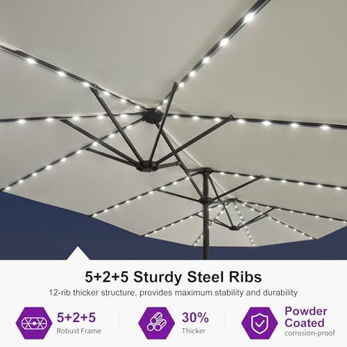 Image of PURPLE LEAF Patio Umbrella 14ft with Base and Solar Lights Outdoor, Cream