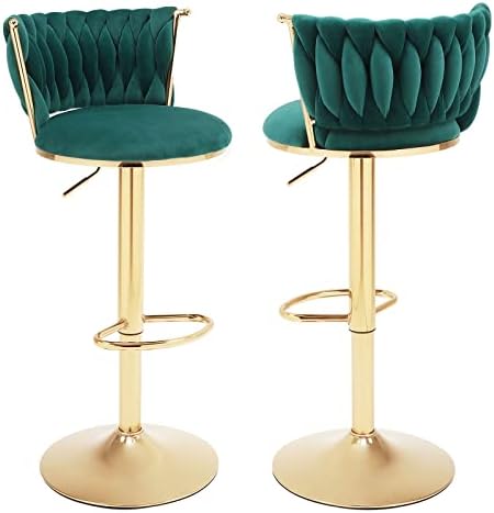 HANLIVES Velvet Bar Stools Set of 2,360° Woven Modern Adjustable Gold Bar Stools,Swivel Counter Height Barstools with Backs Gold Metal Tall Kitchen Chairs for Bar Pub Cafe(Green*2)