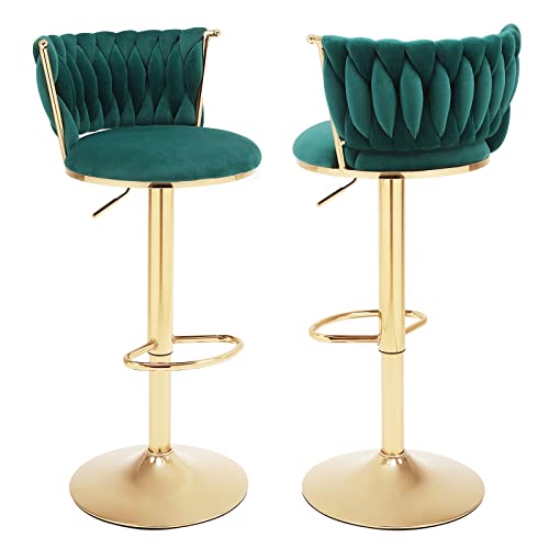 Hanlives Velvet Bar Stools Set Of 2,360° Woven Modern Adjustable Gold Bar Stools,Swivel Counter Height Barstools With Backs Gold Metal Tall Kitchen Chairs For Bar Pub Cafe(Green*2) #TOP24