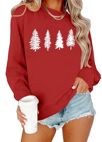 Image of PECHAR Christmas Tree Sweatshirts Women Pine Tree Print Shirts Nature Lover Gift Casual Tee Long Sleeve Xmas Pullover