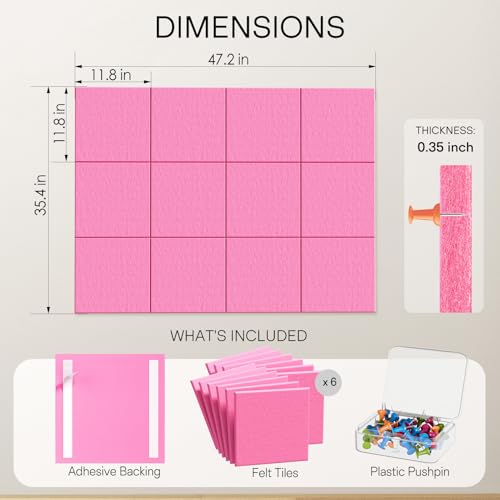Image of MaxGear Felt Bulletin Board 48 inch x 36 inch, Pink Felt Wall Tiles Wall Decor