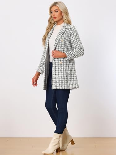 Allegra K Women's Tweed Blazers Elegant Double Breasted Long Jacket Outerwear Plaid Coat3