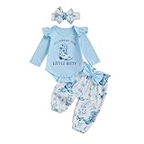 AHUGHAUE Baby Cowgirl Outfit Letters Long Sleeve Ruffle Romper Floral Pants Headband Sets 1st Rodeo Clothes 0-18 Months (Blue, 6-9 Months)