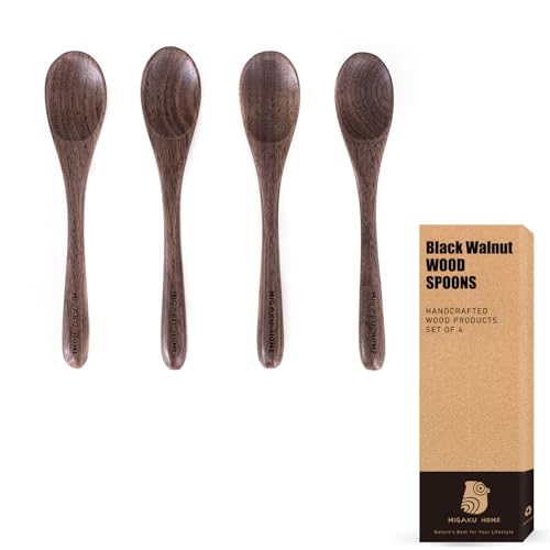 MIGAKU HOME 4 Pcs Premium Black Walnut Wood Spoons for Eating Ice Cream, Desserts, honey, Coffee & More, Small Wooden Spoons Set, Japanese Style Kitchenware