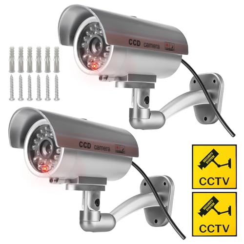 Sporgo 2 cámaras falsas: cámara de vigilancia para exteriores con luz LED roja intermitente, cámara de vigilancia falsa para interior y exterior, color plateado