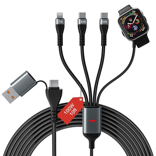 100W 2 USB C Multi Charging Cable for Apple Watch - 10ft USB C Fast Charging Cord with Dual USB-C (100W/10W), Lightning &amp; Magnetic Apple Watch Charger, Braided for iPhone 17-14, iPad, Galaxy S24/S23