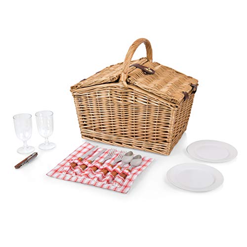 PICNIC TIME Piccadilly Picnic Basket for 2, Romantic Vintage English-Style Wooden Basket, Complete Deluxe Service for Two with Fully-lined Interior and Double-lid Design, (Red & White Plaid Pattern)