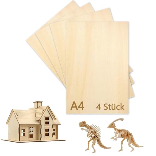 HSYTEK 4 placas de madera contrachapada de 3 mm, madera contrachapada A4 de 30 x 21 cm, para manualidades, tableros finos de madera aglomerada, tableros de madera de tilo para manualidades