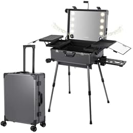 Aiborke Rolling Makeup Train Case with Lighted Mirror and Bluetooth Speaker Professional Cosmetic Organizer Case with Wheels, Stands Portable Makup Station Vanity for Travel (Gray, Large)
