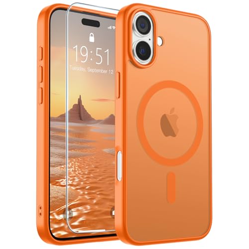 Image of SUPFINE Magnetic for iPhone 16 Case with Screen Protector (Compatible with MagSafe) (Military Grade Drop Protection) Translucent Matte Shockproof Phone Cover,Starry Orange